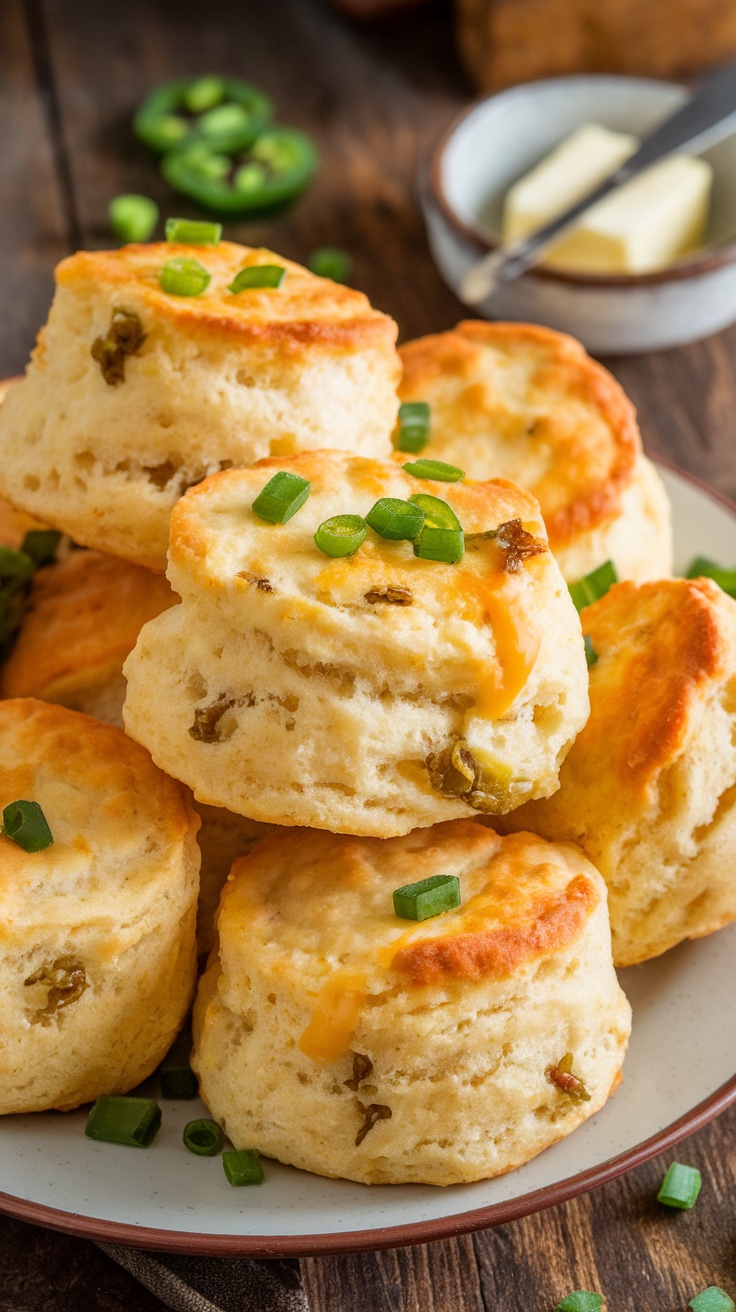 Golden jalapeño cheddar biscuits on a plate, garnished with green onions, with butter on the side.